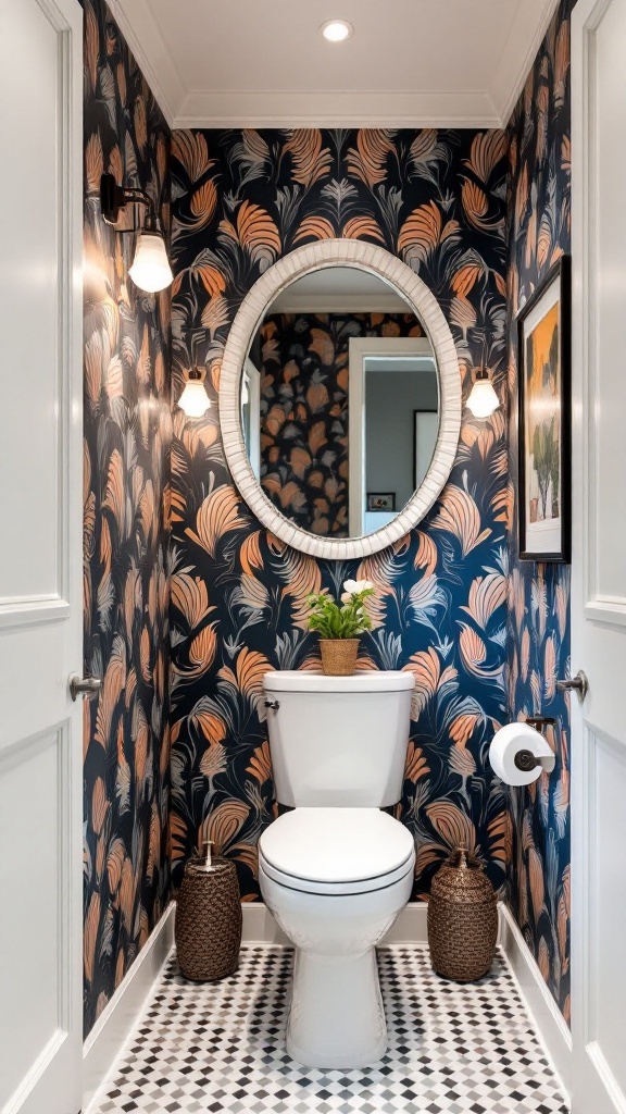 A small half bathroom featuring bold floral wallpaper, a round mirror, and decorative accents.