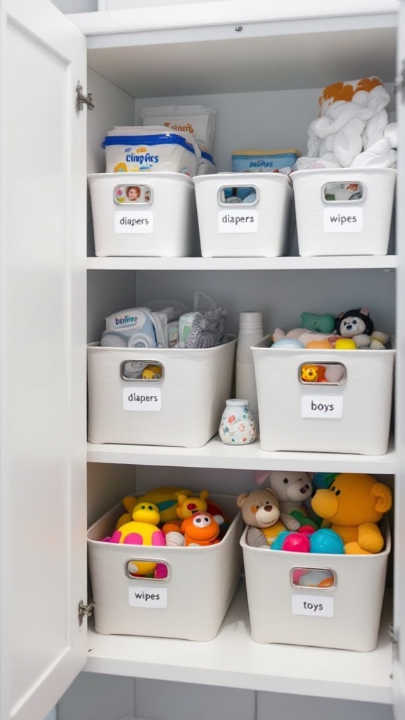 Organized baby cabinet with labeled bins for diapers, wipes, and toys.