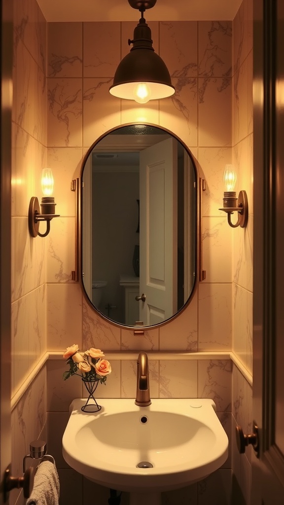 Small bathroom with soft wall sconces and a plant decor.