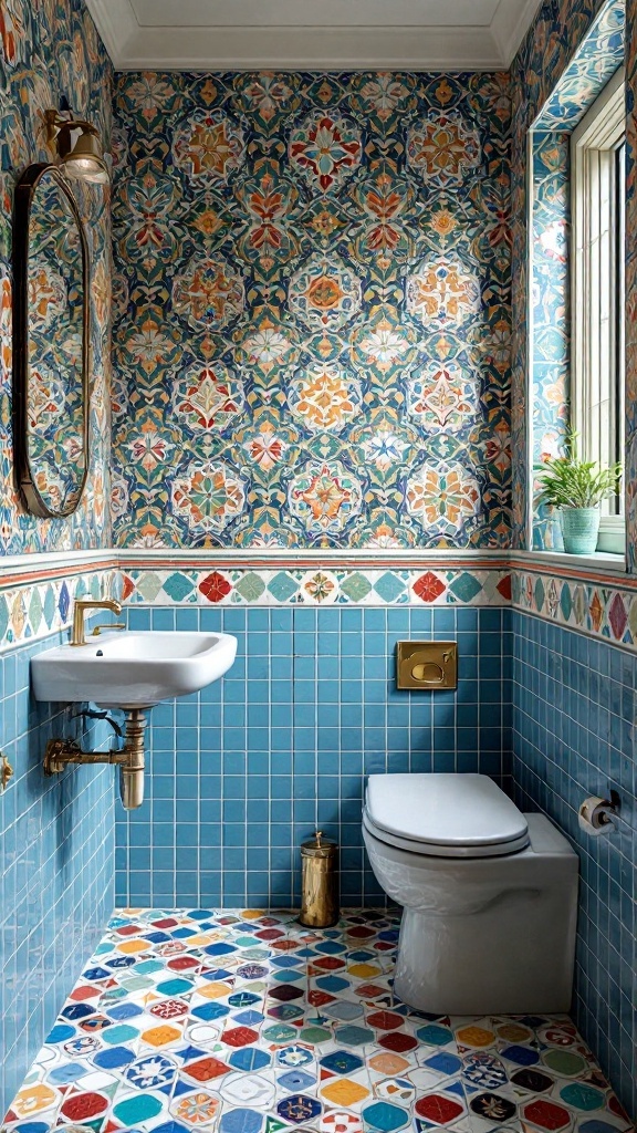 A half bathroom featuring colorful tile patterns on the walls and floor.