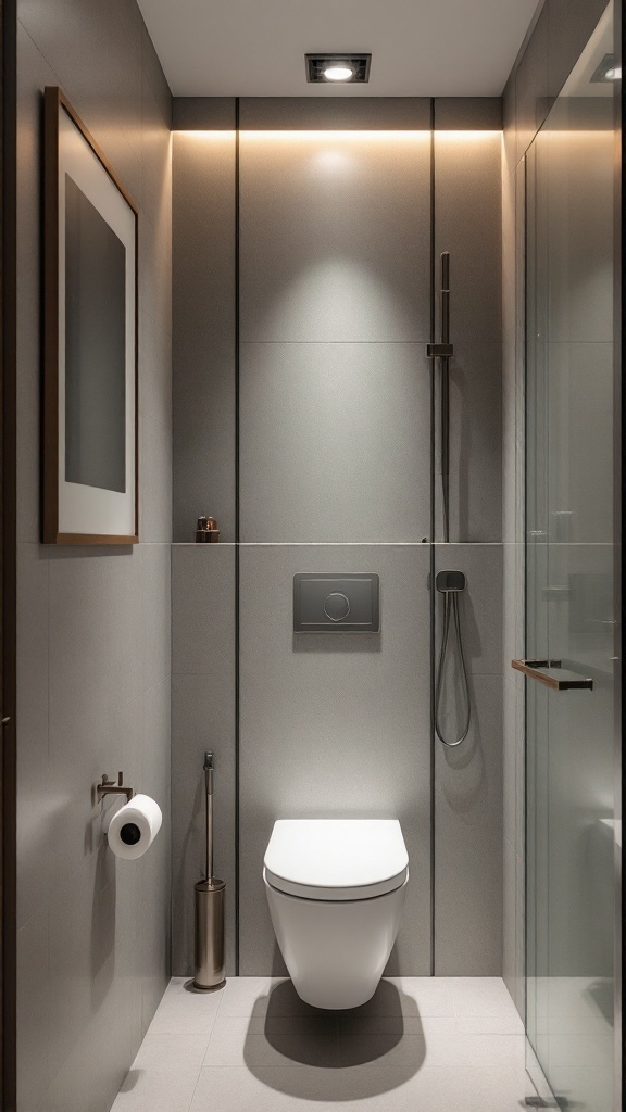 A modern compact half bathroom featuring a stylish shower, toilet, and wall-mounted fixtures.