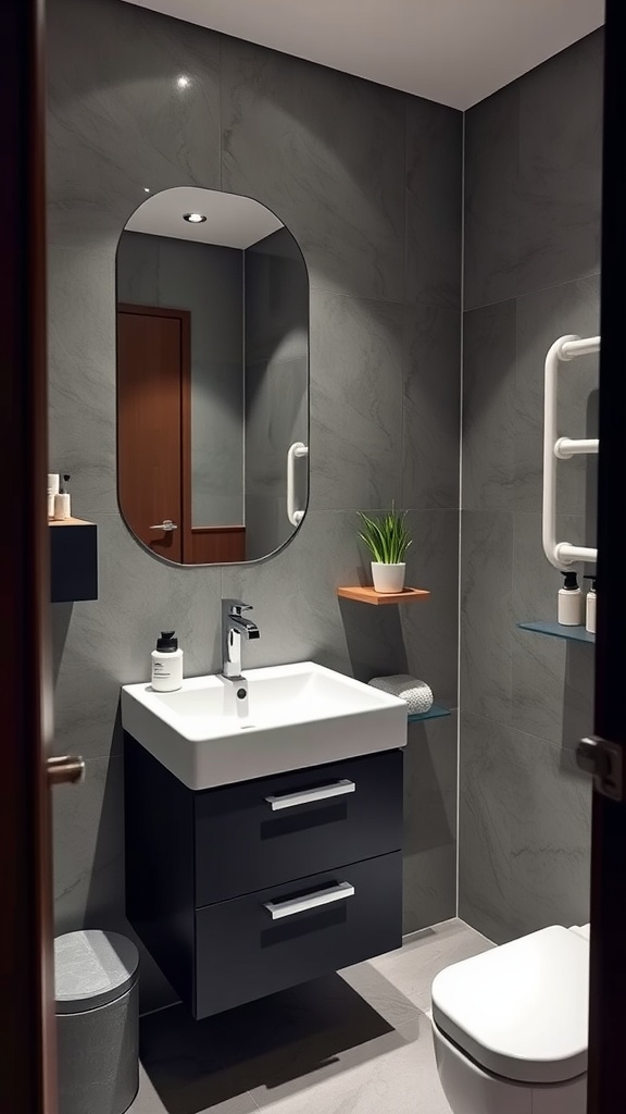 A modern small bathroom featuring a compact vanity with drawers and a mirror.