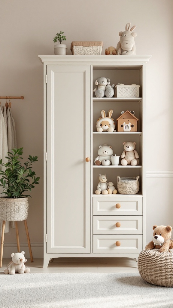 A well-organized baby cabinet with stuffed animals, baskets, and a potted plant creating a cozy and tidy storage space.