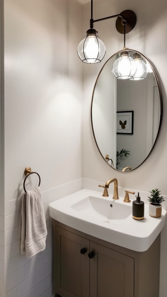 Stylish half bathroom with pendant lights above a sink and a round mirror