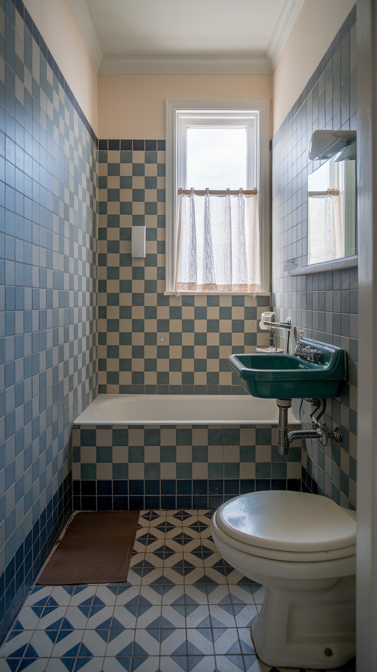 A small bathroom featuring patterned floor tiles and simple wall tiles.