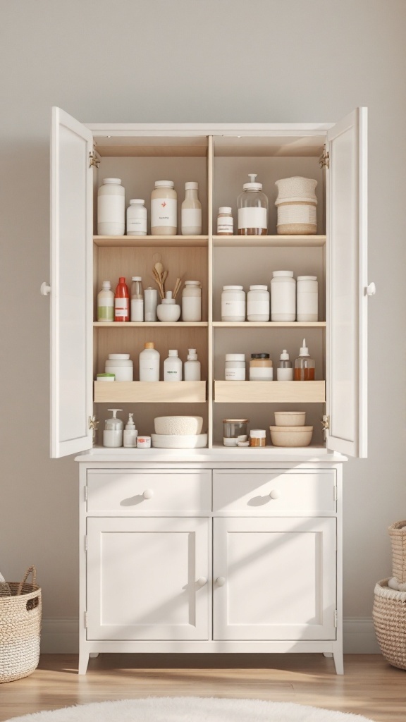 A neatly organized cabinet showcasing various medications and first aid items.