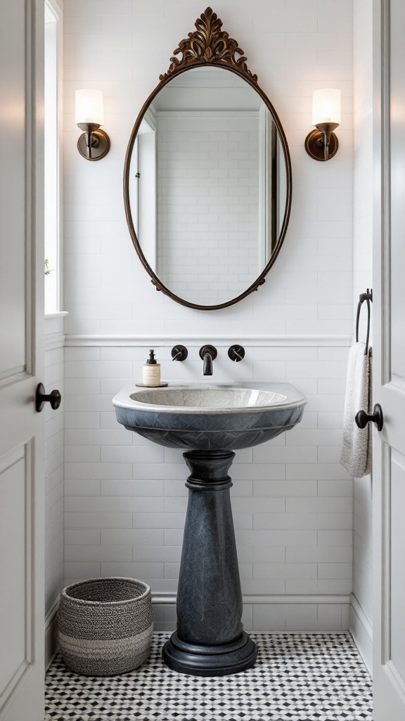 Stylish half bathroom with a pedestal sink, elegant mirror, and modern lighting.