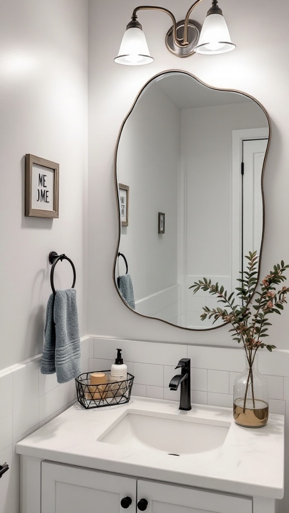 A stylish bathroom with a unique mirror, modern fixtures, and simple decor.