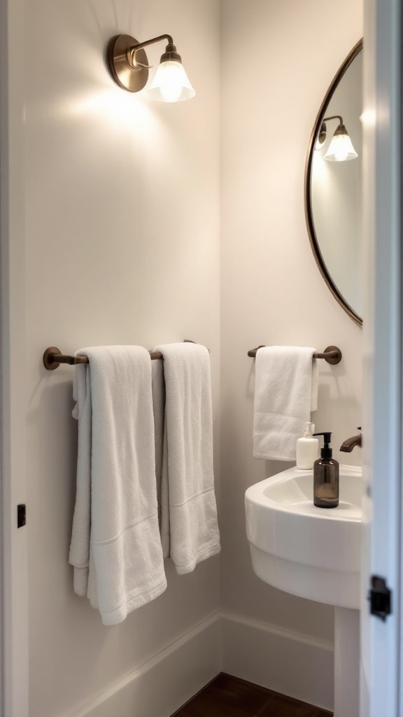 A well-decorated half bathroom with towels, a soap dispenser, and a mirror.