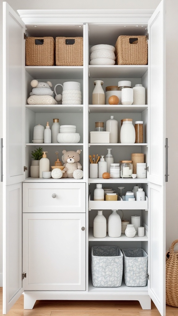 Organized cabinet with baskets and baby items