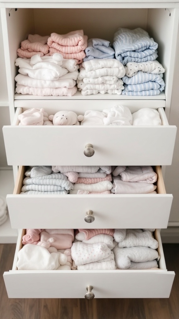 A neatly organized baby clothing cabinet with pastel colored garments folded and stored in drawers.