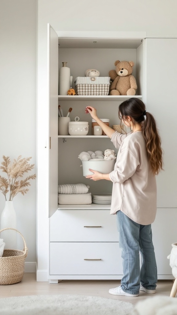 A woman organizing a baby cabinet filled with toys and storage bins.