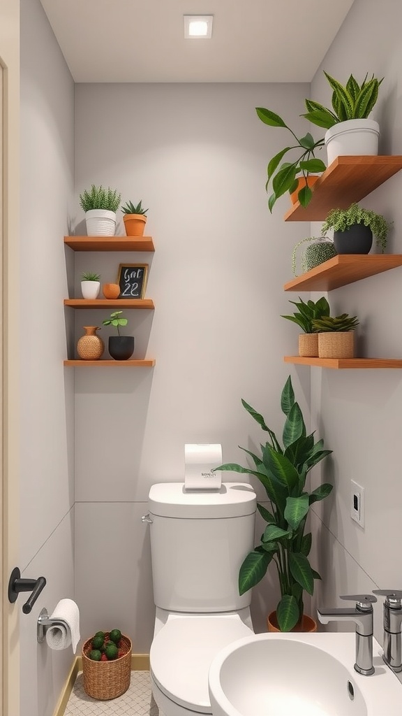 A small bathroom with vertical shelves displaying plants and decorative items.