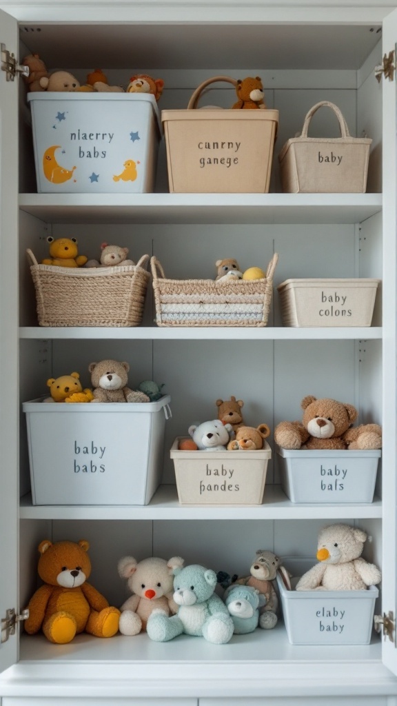 A neatly organized baby cabinet with labeled bins and plush toys.