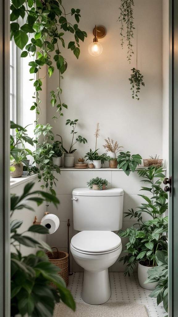 A cozy half bathroom filled with various plants, featuring a white toilet and a warm light fixture.