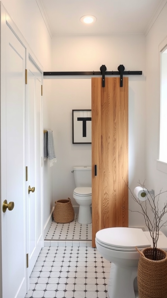 Small bathroom featuring a sliding door, modern decor, and efficient use of space.