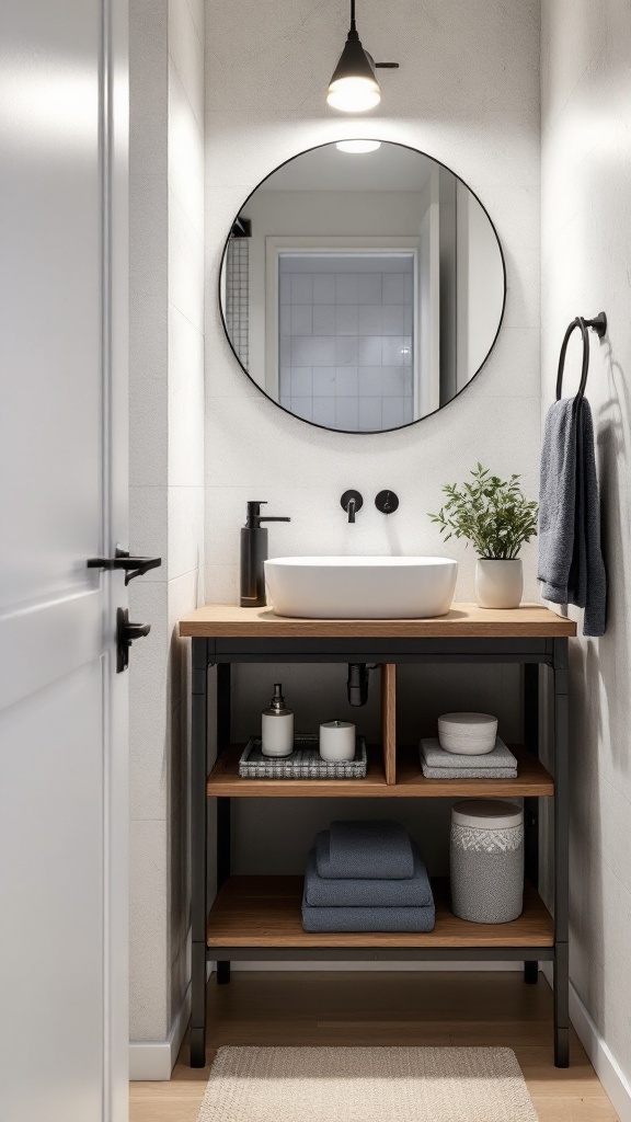 A modern half bathroom with a space-saving vanity design featuring open shelves and a round mirror.