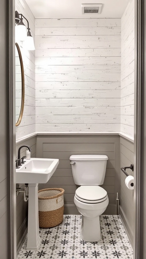 A half bathroom featuring white shiplap walls, a pedestal sink, and patterned tile floor.