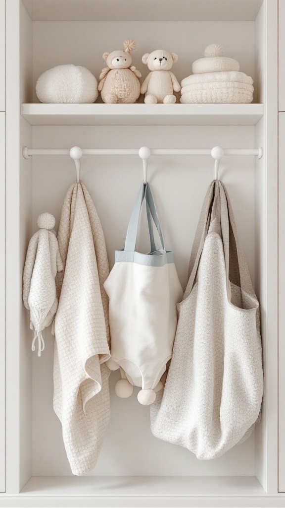 A beautifully organized baby cabinet featuring soft colors, plush toys, and neatly hung baby gear.