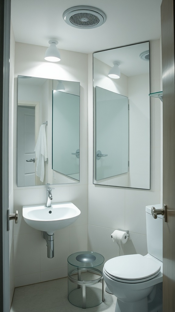 A small bathroom with mirrors reflecting light and creating an illusion of space.