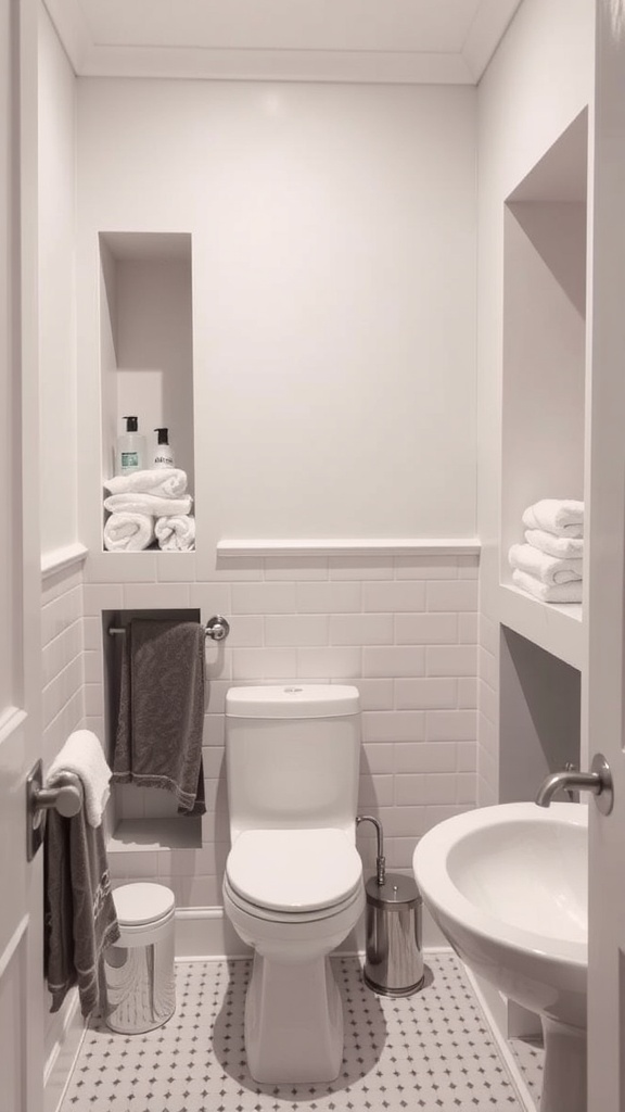 A small bathroom with storage nooks holding towels and toiletries.